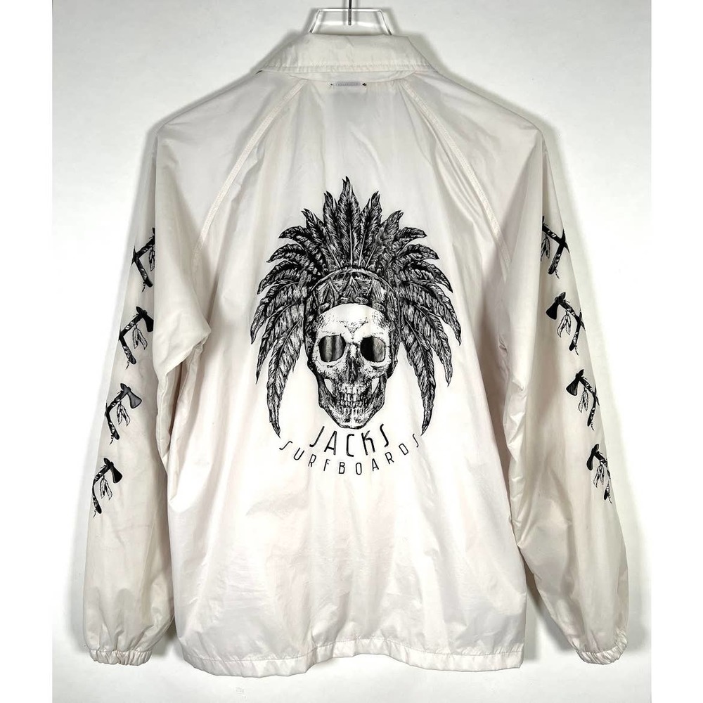 VTG Jacks Surfboards Windbreaker Jacket S Off-White Skull Tomahawks Print *Read
